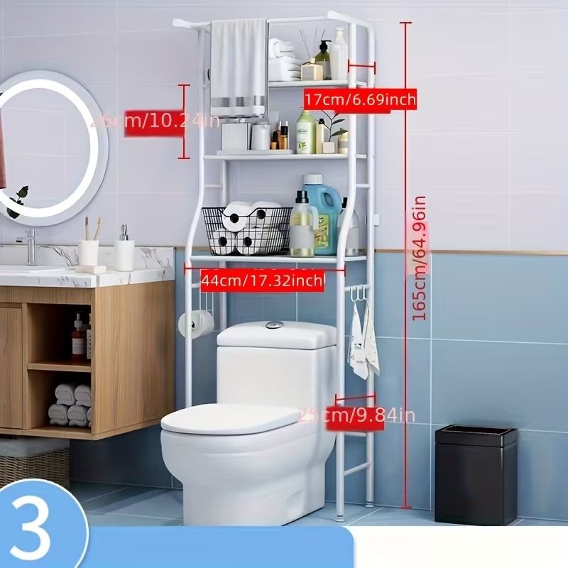 Three-Tier Over-the-Toilet Storage Rack with Hooks