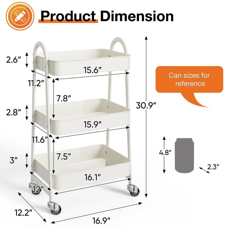 Three-Tier Rolling Utility Cart with Lockable Casters
