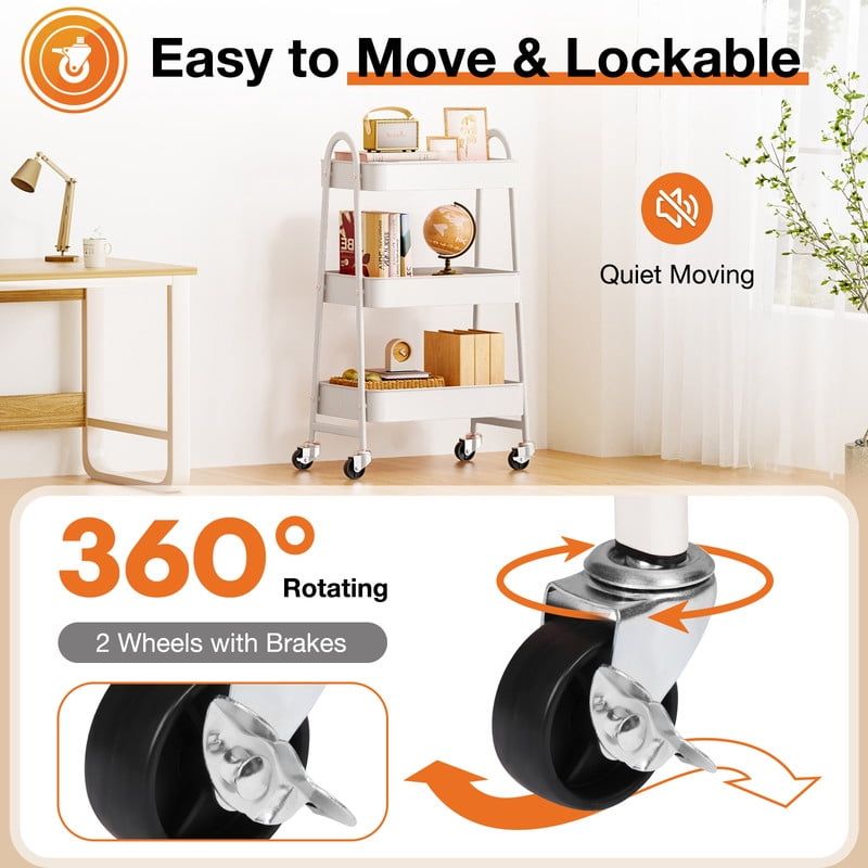 Three-Tier Rolling Utility Cart with Lockable Casters