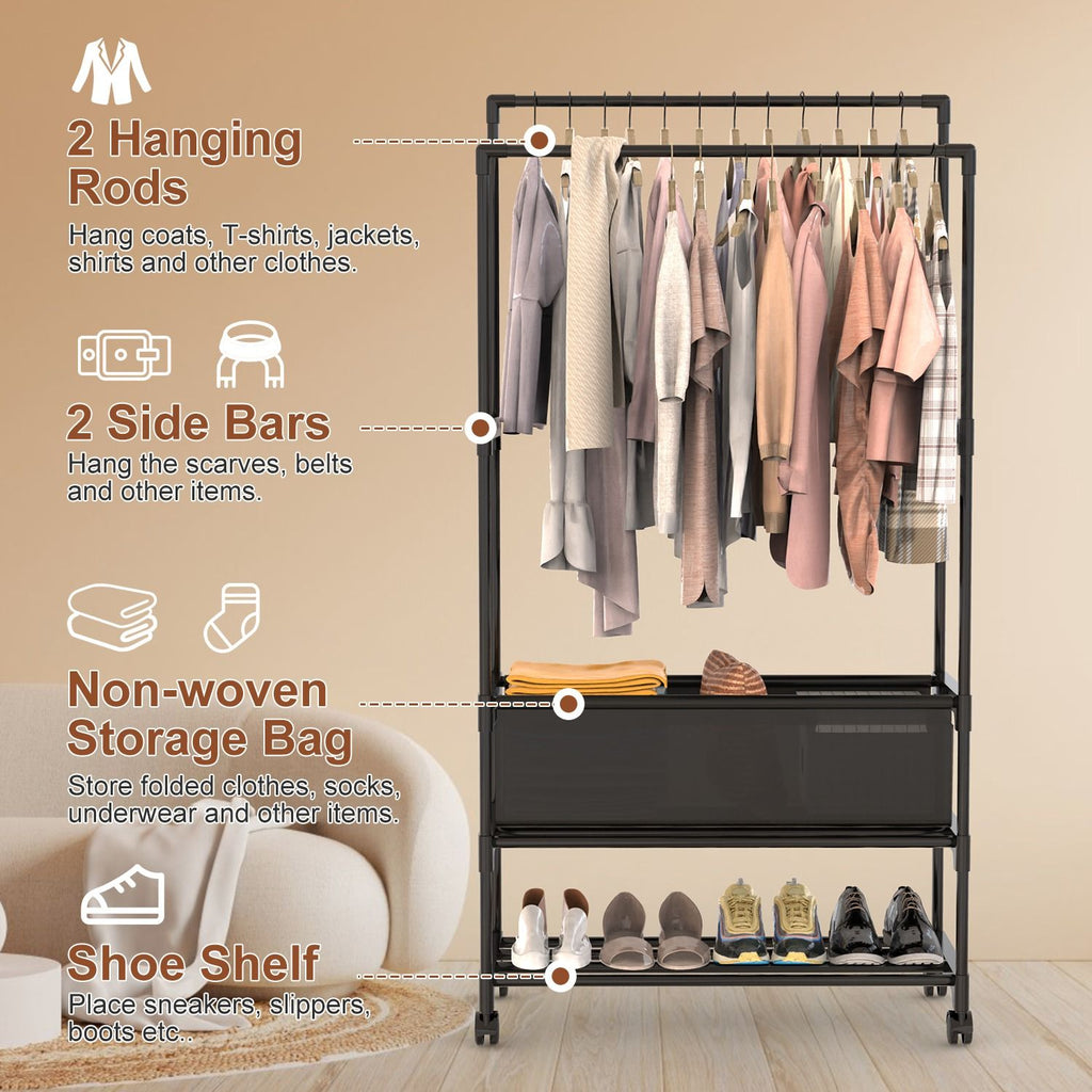 3-Tiered Portable Clothing Rack with Double Hanging Rods and Storage Bag