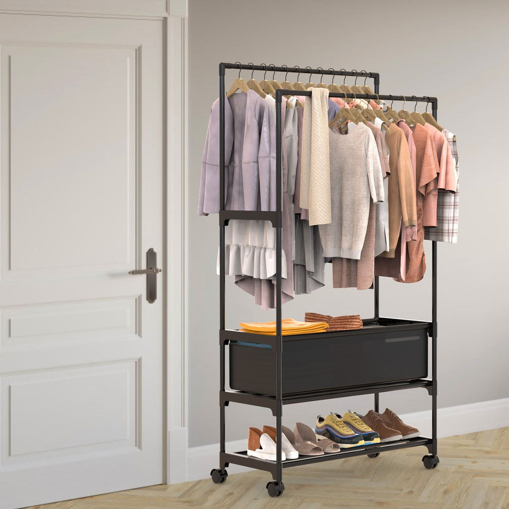 3-Tiered Portable Clothing Rack with Double Hanging Rods and Storage Bag