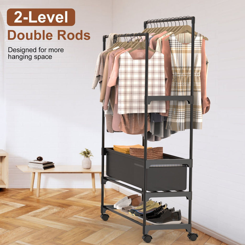 3-Tiered Portable Clothing Rack with Double Hanging Rods and Storage Bag