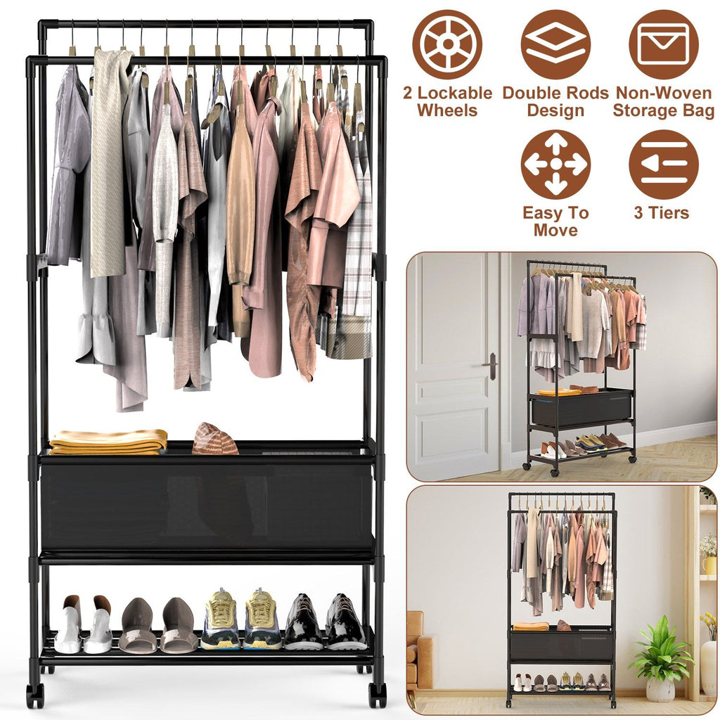 3-Tiered Portable Clothing Rack with Double Hanging Rods and Storage Bag