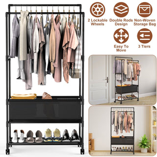 3-Tiered Portable Clothing Rack with Double Hanging Rods and Storage Bag