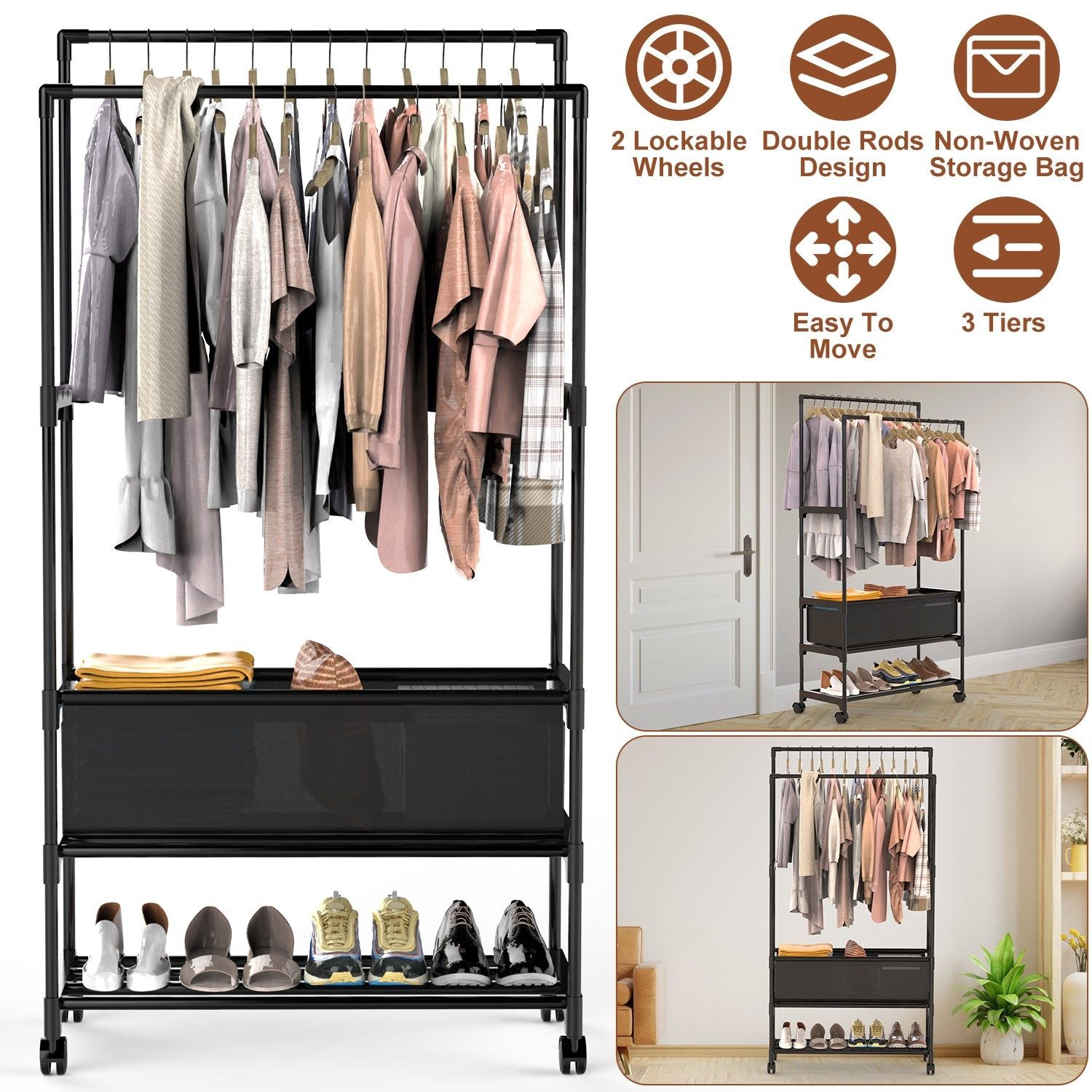 3-Tiered Portable Clothing Rack with Double Hanging Rods and Storage Bag