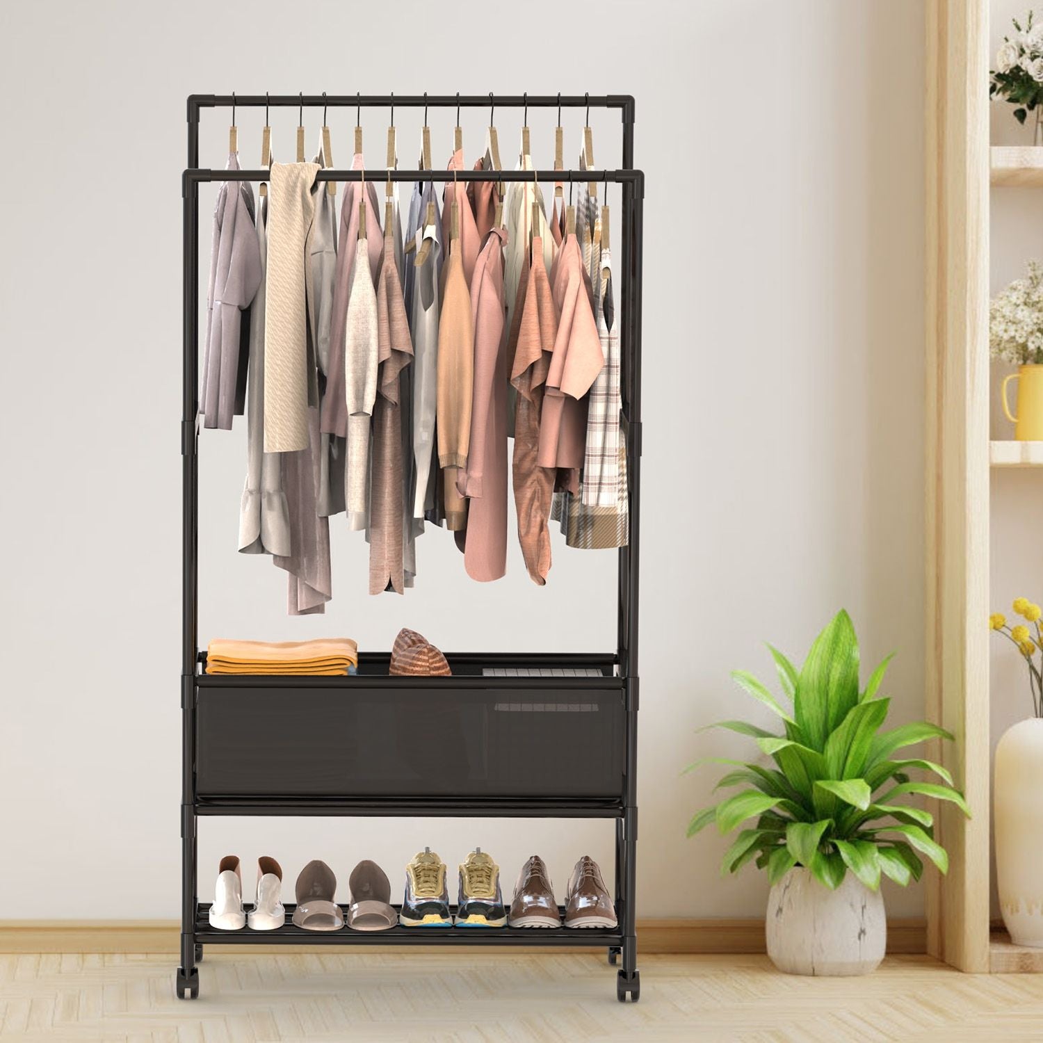 3-Tiered Portable Clothing Rack with Double Hanging Rods and Storage Bag