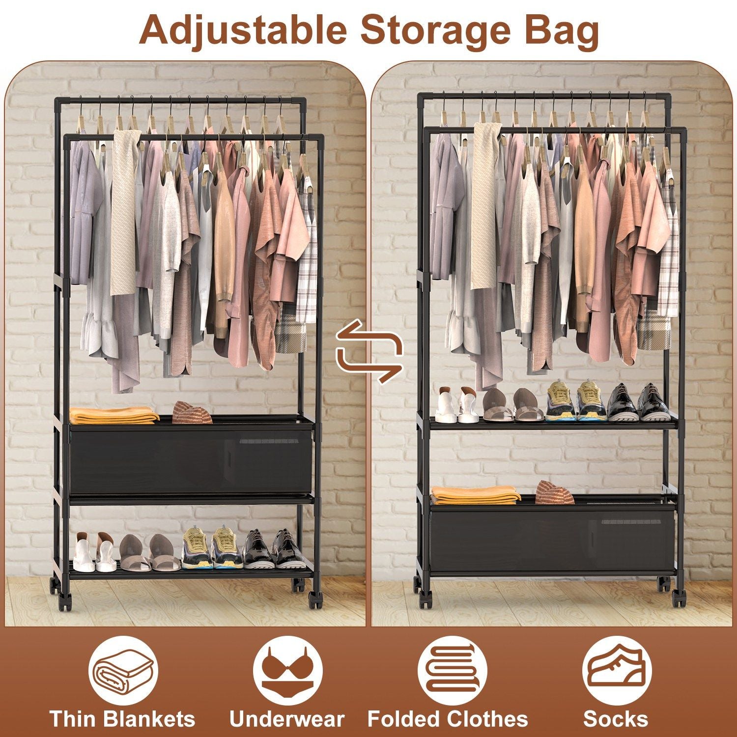 3-Tiered Portable Clothing Rack with Double Hanging Rods and Storage Bag