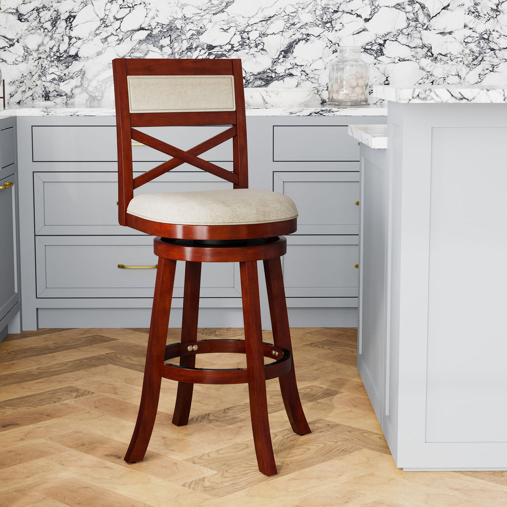 Cherry X-Back Swivel Bar Stool with Beige Seat
