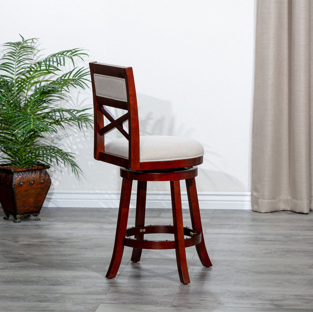 Cherry X-Back Swivel Bar Stool with Beige Seat