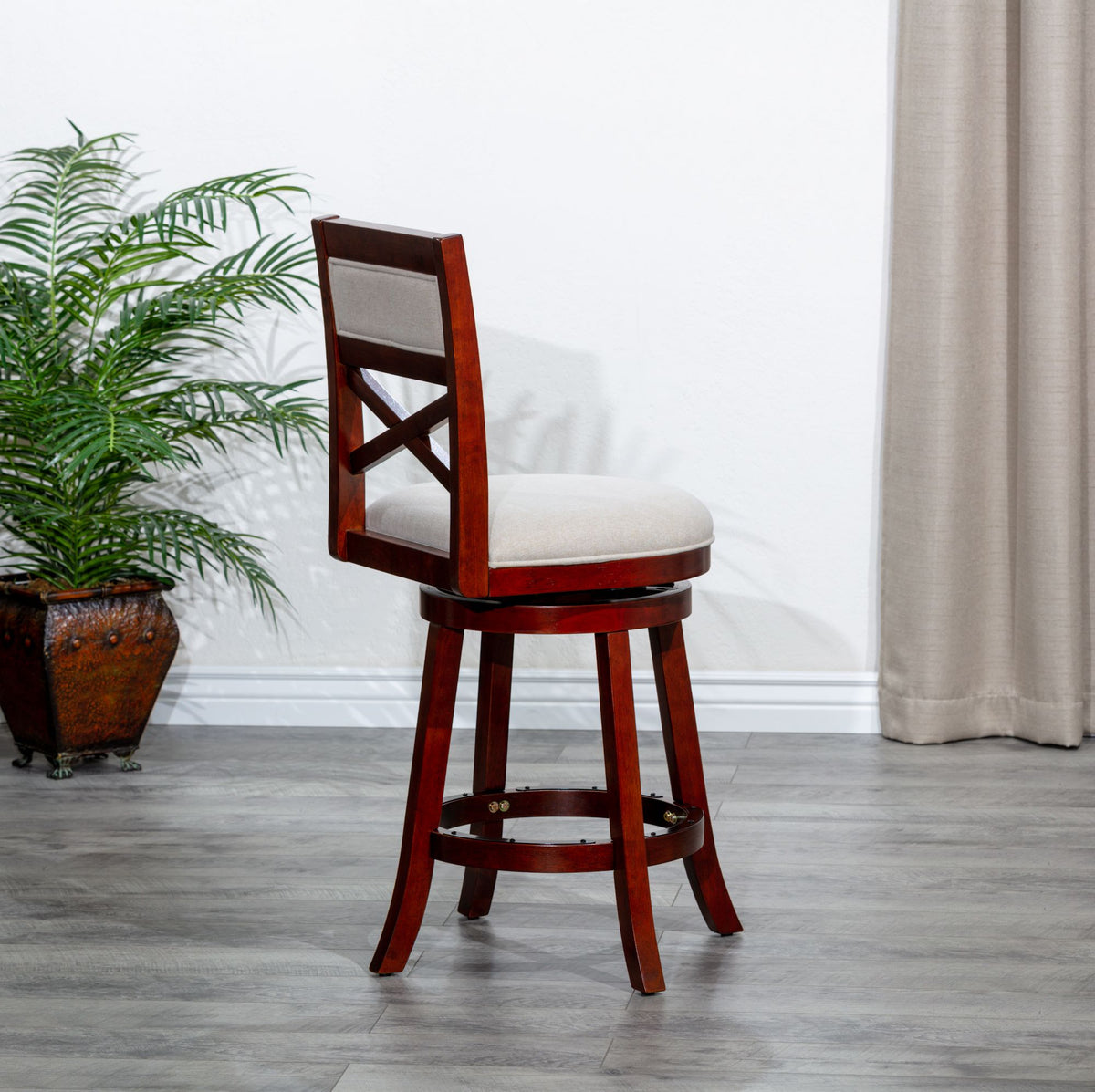Cherry X-Back Swivel Bar Stool with Beige Seat