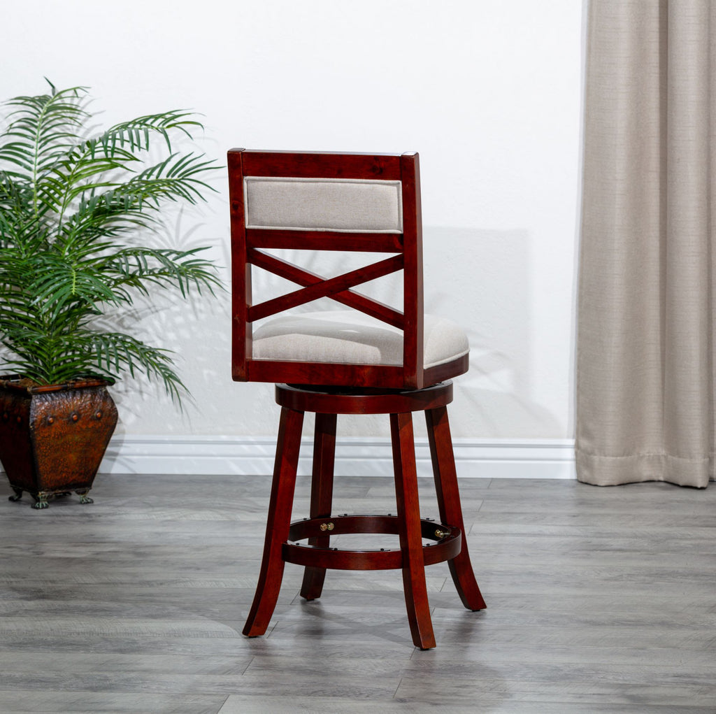 Cherry X-Back Swivel Bar Stool with Beige Seat