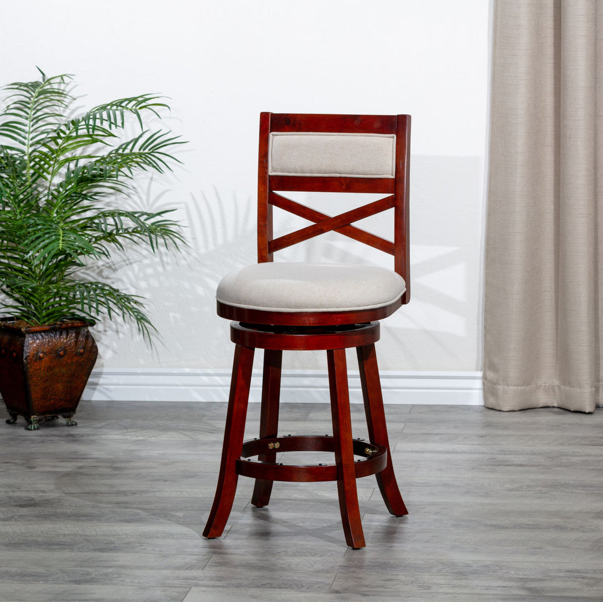 Cherry X-Back Swivel Bar Stool with Beige Seat
