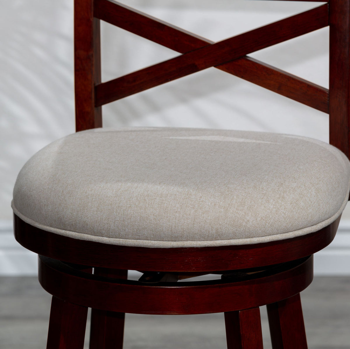 Cherry X-Back Swivel Bar Stool with Beige Seat