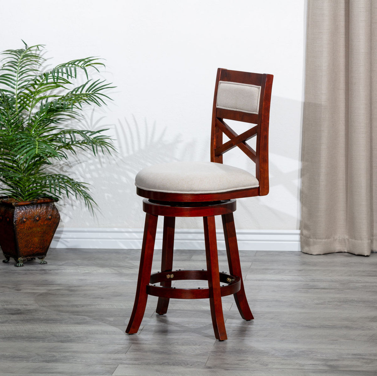 Cherry X-Back Swivel Bar Stool with Beige Seat