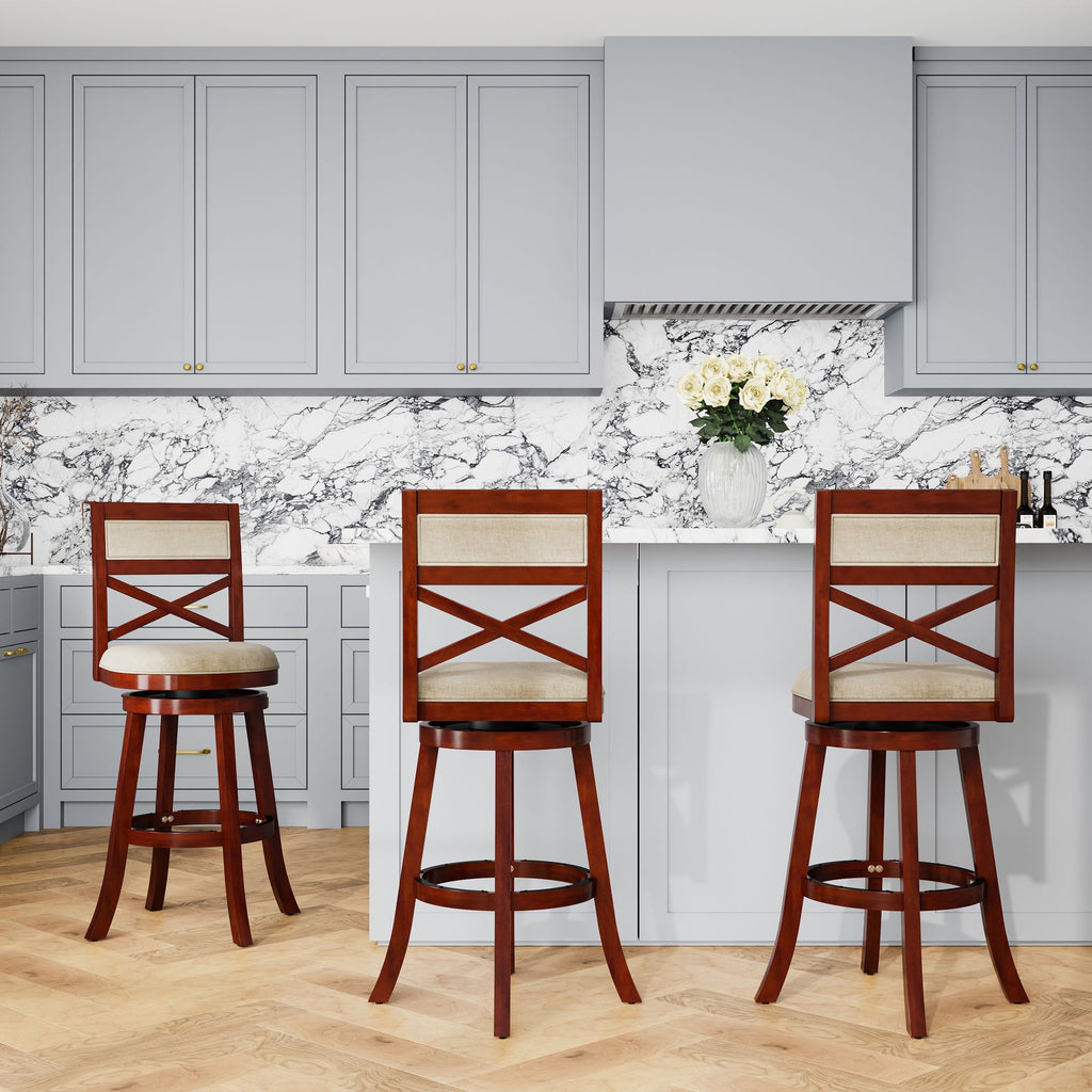 Cherry X-Back Swivel Bar Stool with Beige Seat