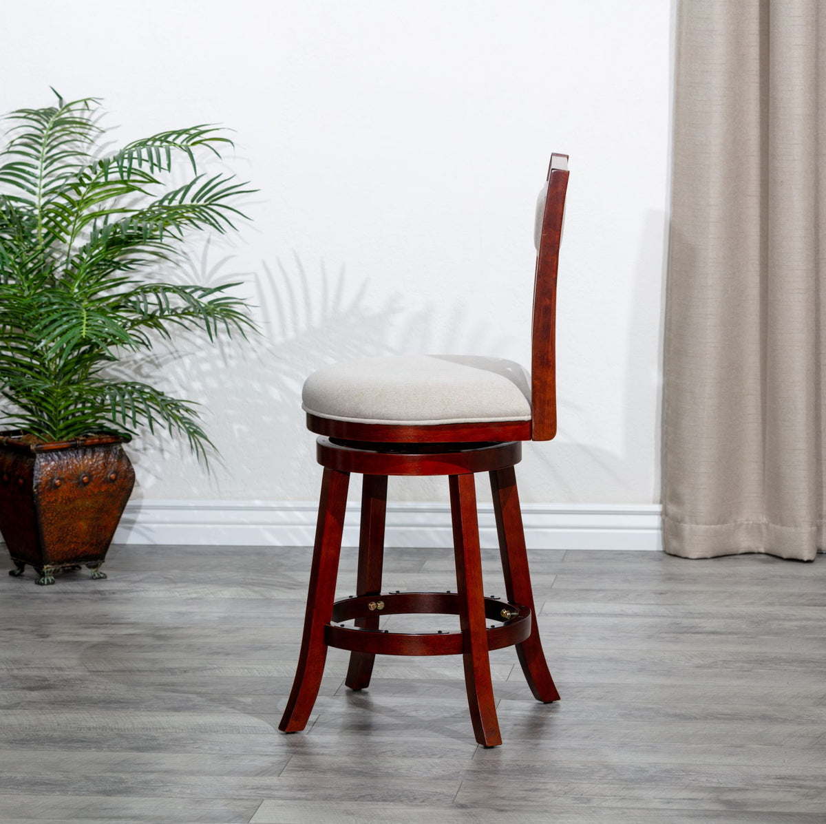 Cherry X-Back Swivel Bar Stool with Beige Seat