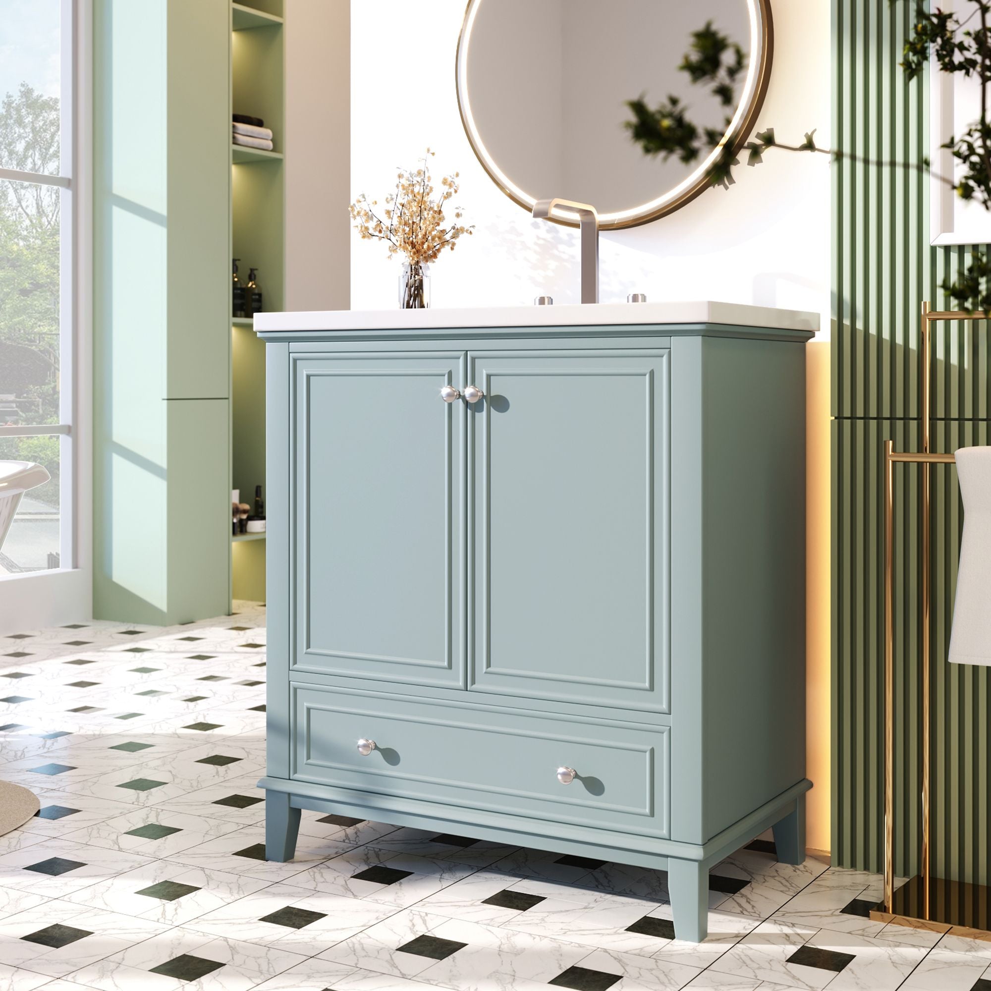 Green Bathroom Vanity with Sink and Storage