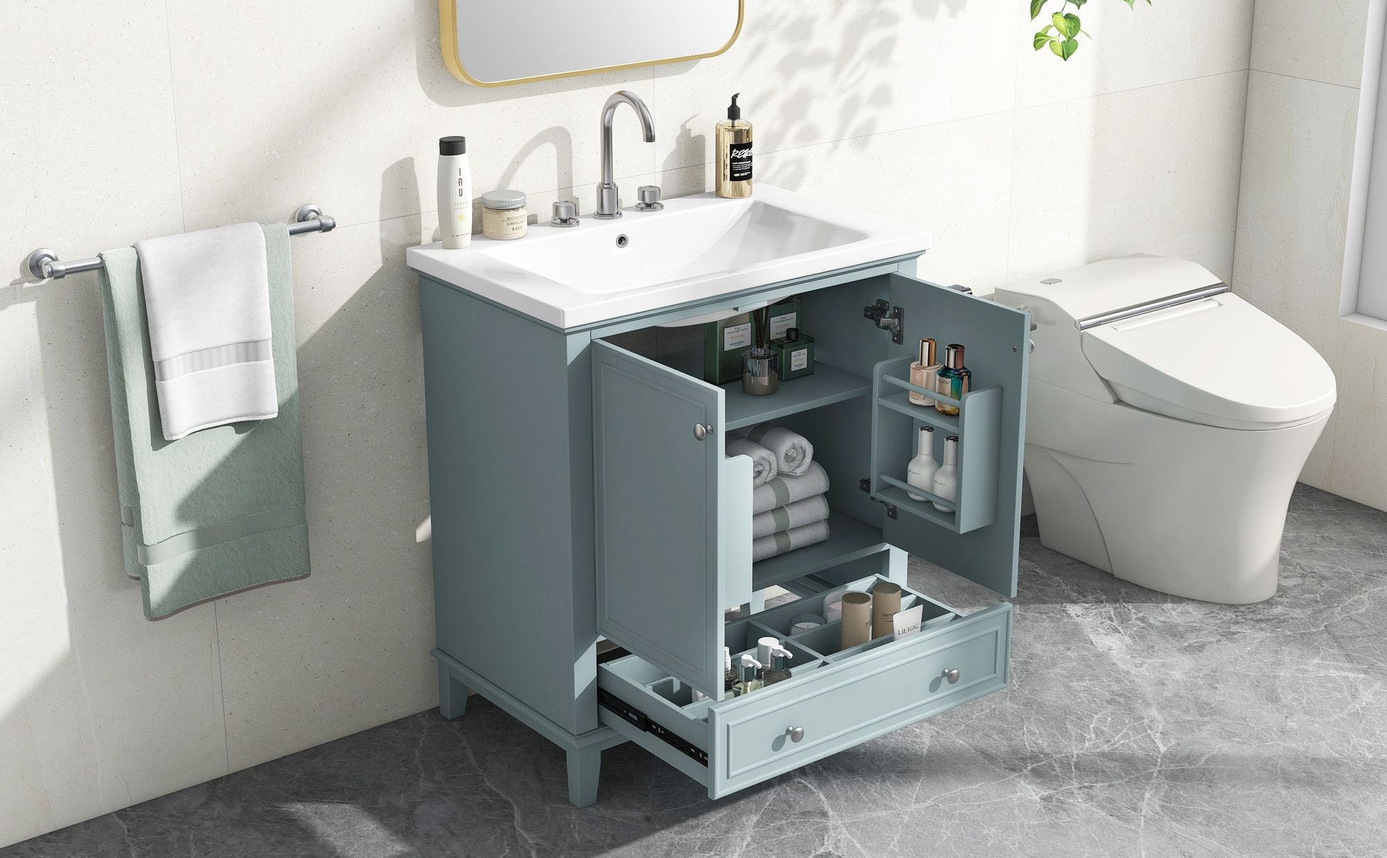 Green Bathroom Vanity with Sink and Storage