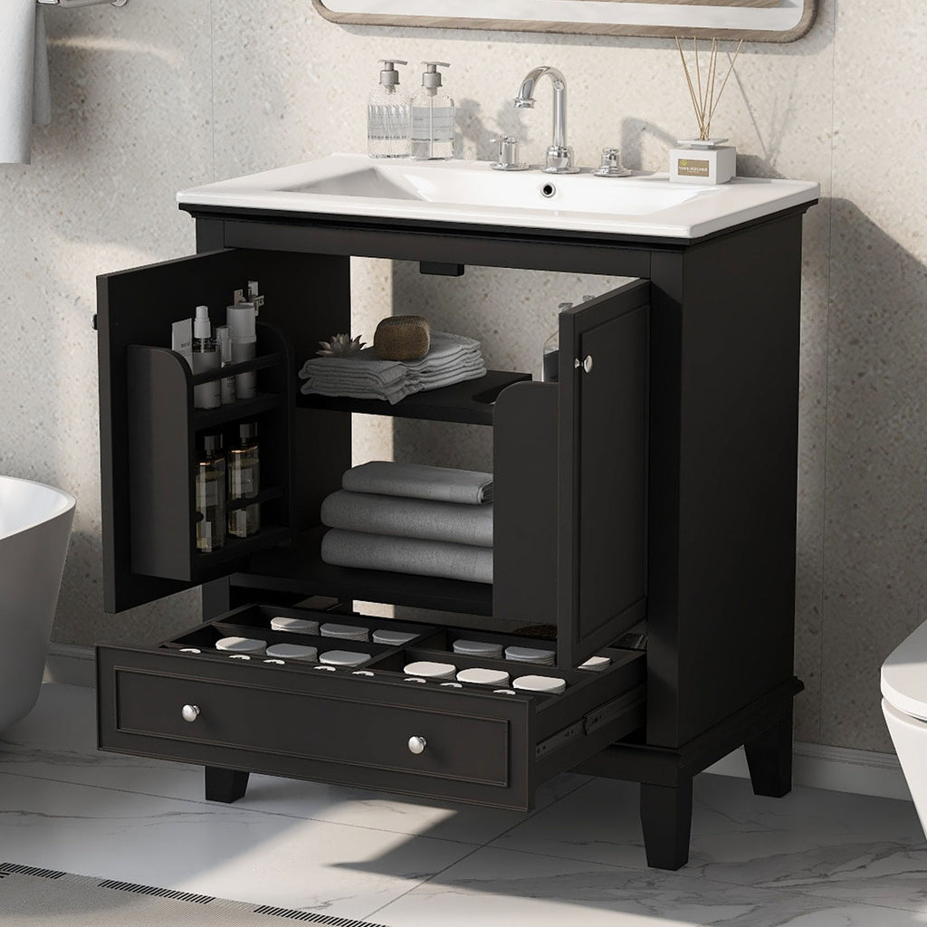 Bathroom Vanity with Sink Combo - Multi-Functional Storage Cabinet, Solid Wood & MDF, Black
