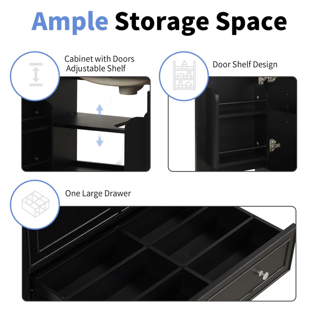 Bathroom Vanity with Sink Combo - Multi-Functional Storage Cabinet, Solid Wood & MDF, Black