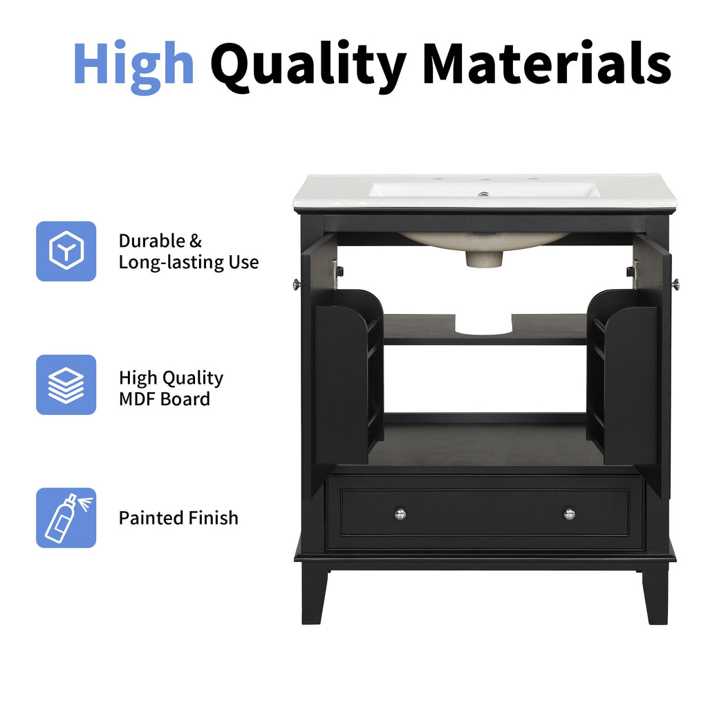 Bathroom Vanity with Sink Combo - Multi-Functional Storage Cabinet, Solid Wood & MDF, Black