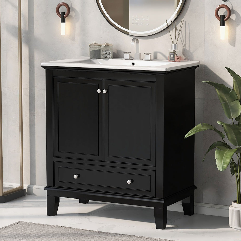 Bathroom Vanity with Sink Combo - Multi-Functional Storage Cabinet, Solid Wood & MDF, Black