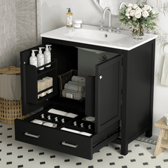 Modern Black Bathroom Vanity with Embedded Sink and Storage