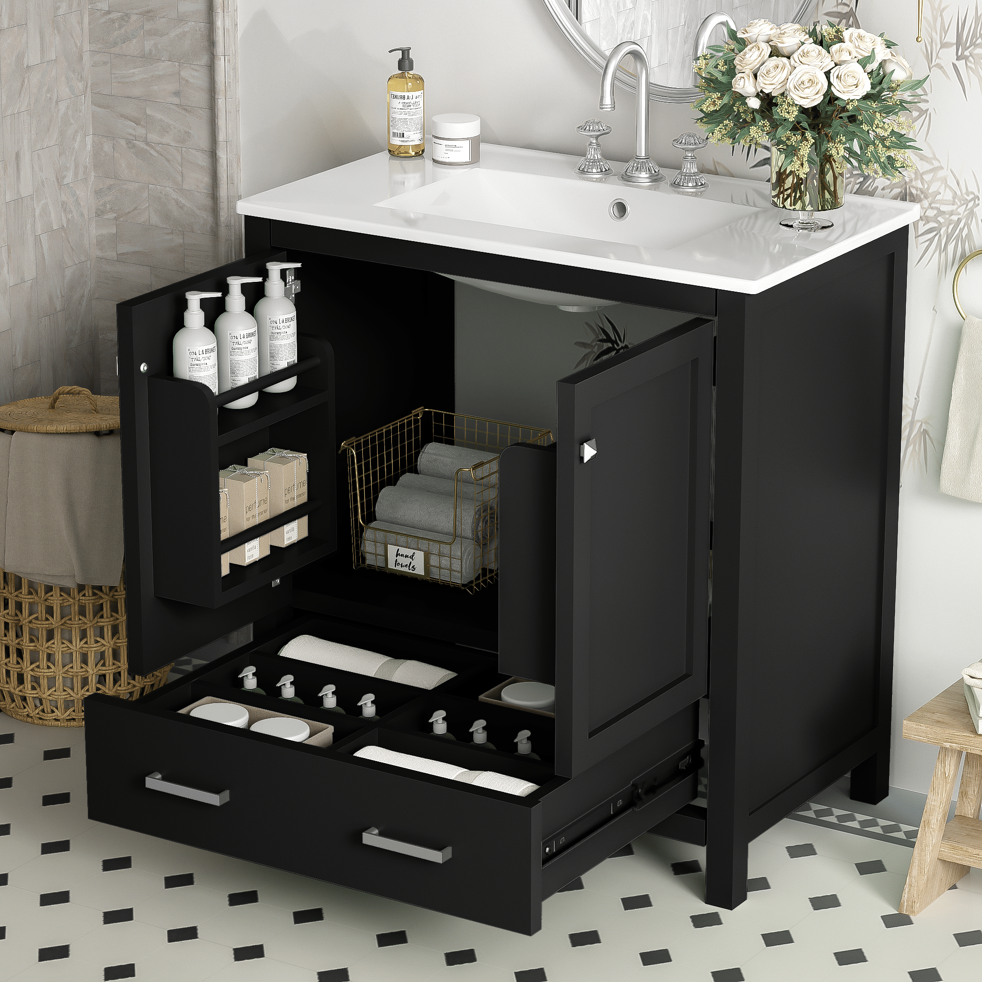 Modern Black Bathroom Vanity with Embedded Sink and Storage