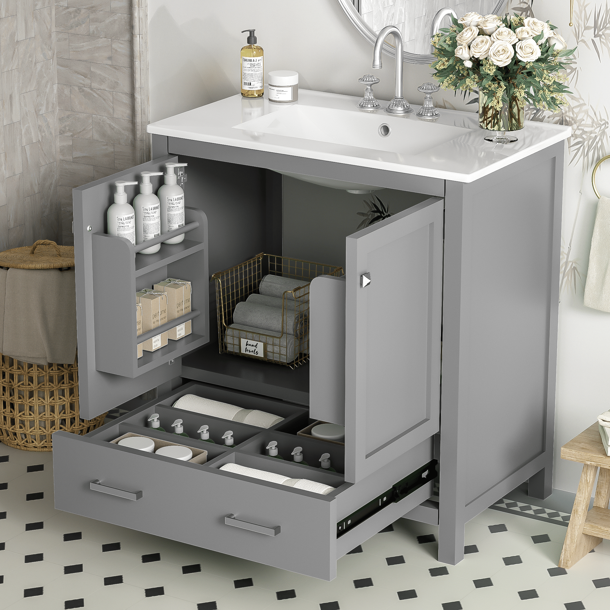 30- Gray Bathroom Vanity with Storage & Ceramic Sink