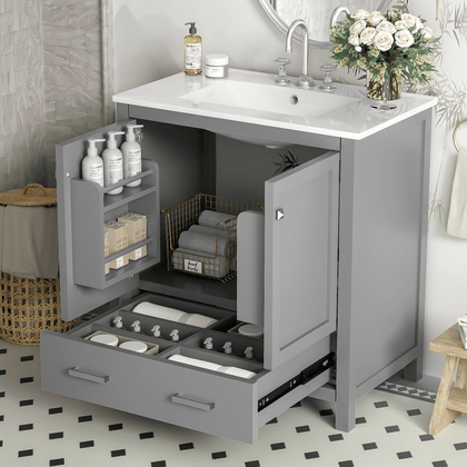 30- Gray Bathroom Vanity with Storage & Ceramic Sink