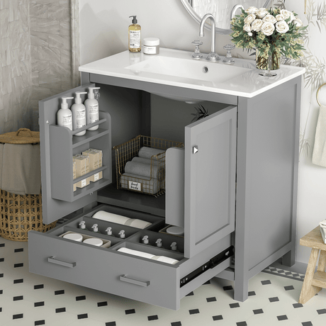 30- Gray Bathroom Vanity with Storage & Ceramic Sink
