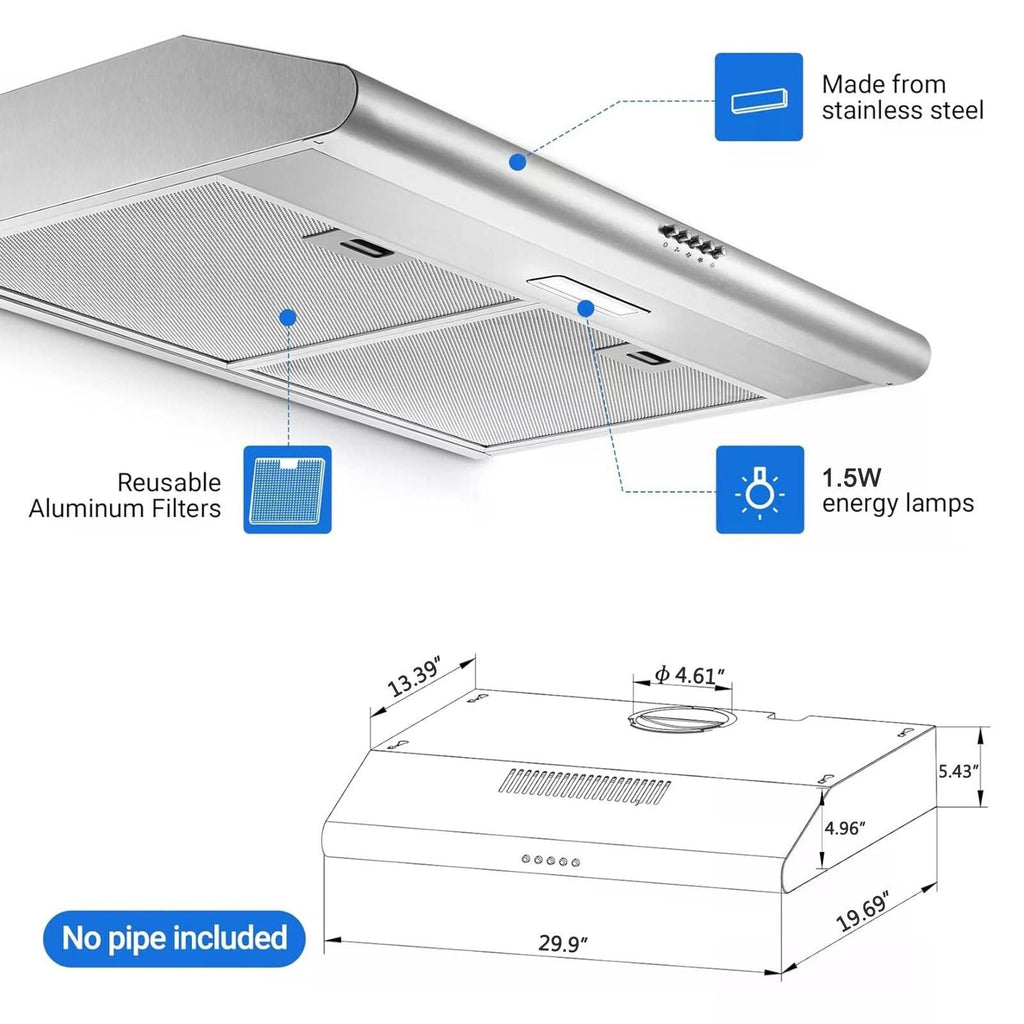 Under Cabinet Range Hood with LED Light and Dishwasher-Safe Filters