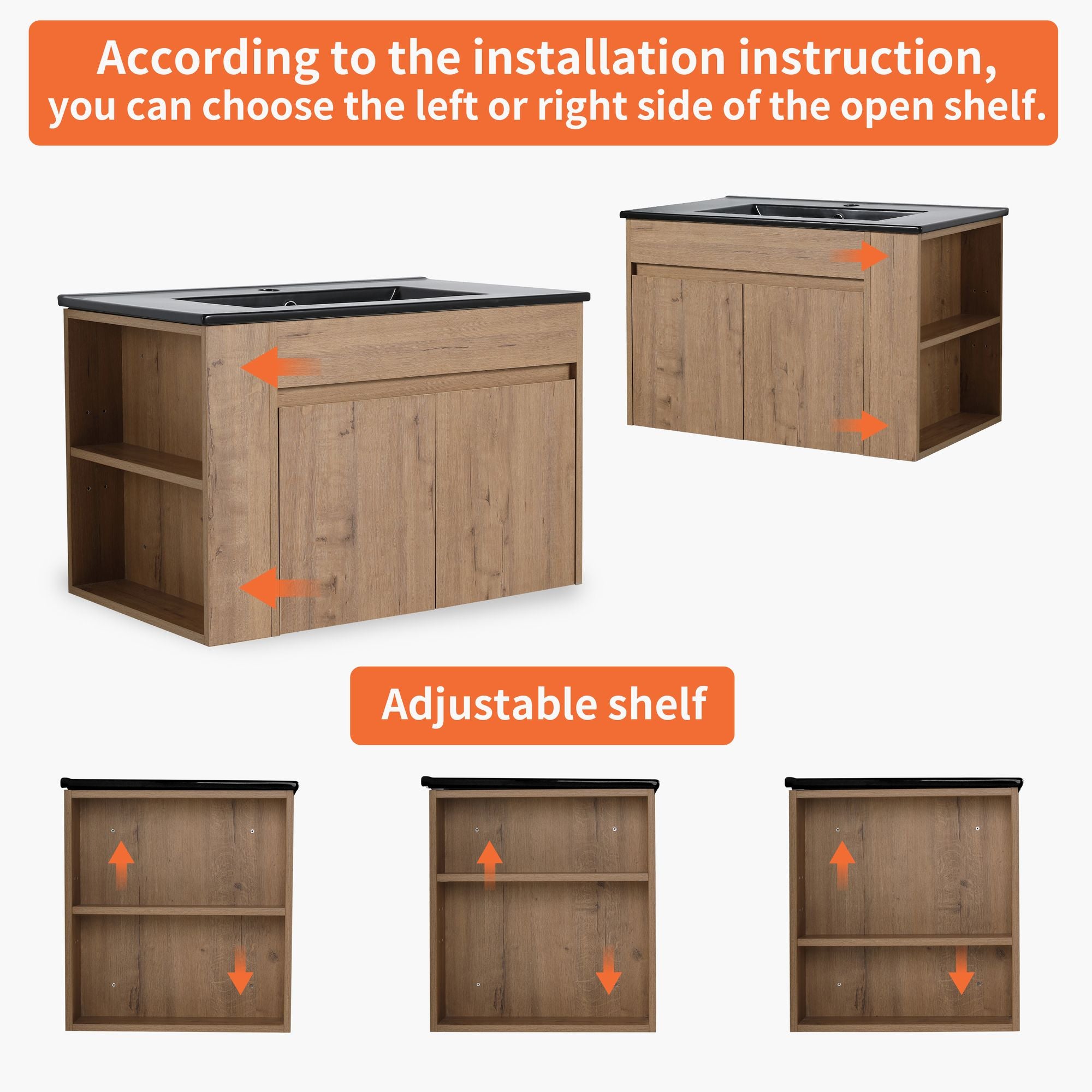 30 Bathroom Vanity With Black Ceramic Basin and Adjust Open Shelf(KD-PACKING)