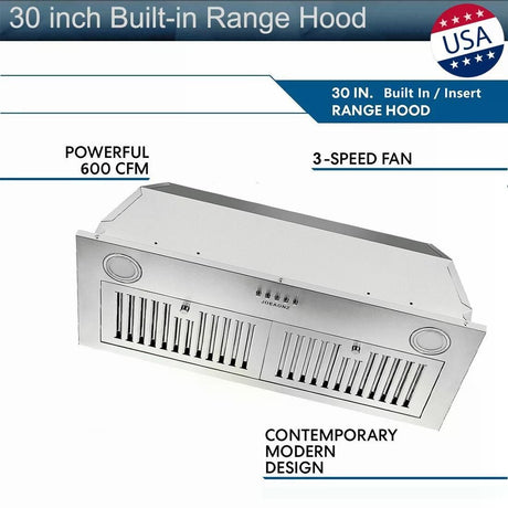 30- Built-In Insert Range Hood – 600 CFM, Stainless Steel, Ducted/Ductless Convertible