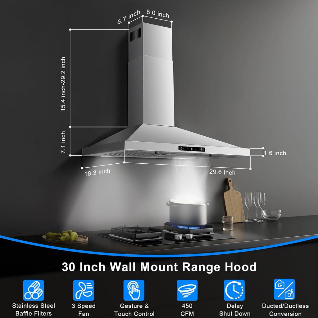 30- Wall Mount Range Hood with Gesture Sensing and 450 CFM