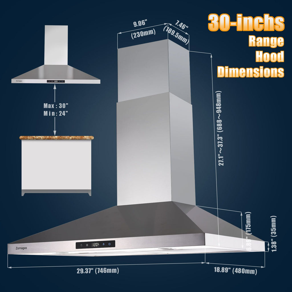 Wall Mounted Range Hood with Touch Control and LED Lighting