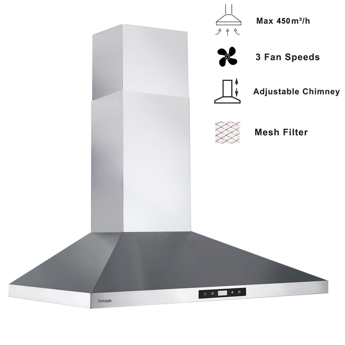 Wall Mounted Range Hood with Touch Control and LED Lighting