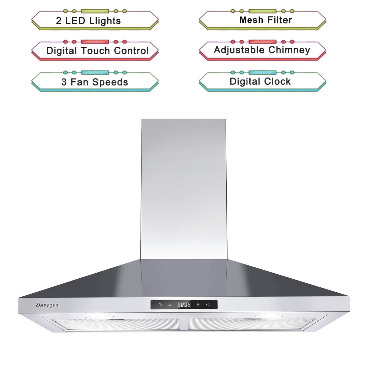 Wall Mounted Range Hood with Touch Control and LED Lighting