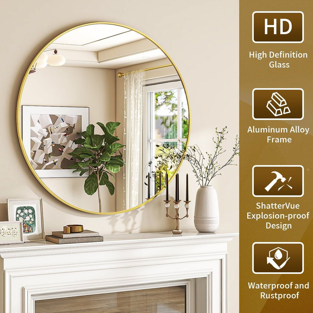 30- Round Wall Mirror with Sleek Black Aluminum Frame