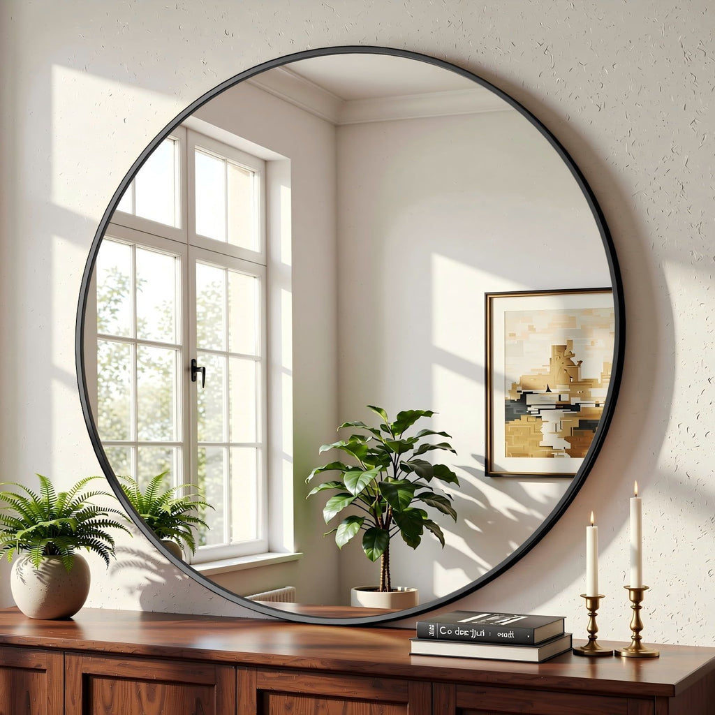 30- Round Wall Mirror with Sleek Black Aluminum Frame