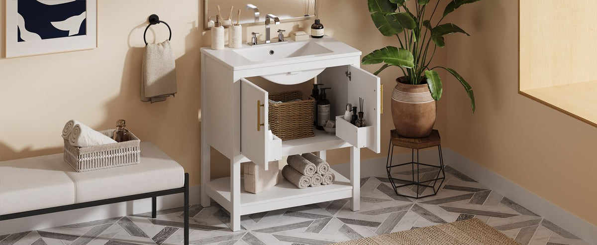 30- White Bathroom Vanity with Gold Decor and Soft Close Doors