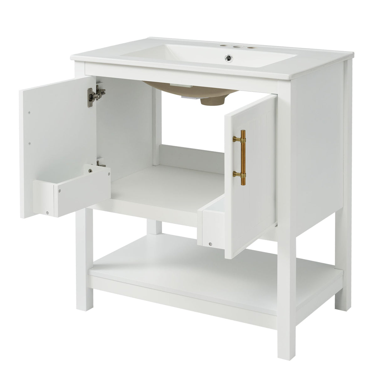 30- White Bathroom Vanity with Gold Decor and Soft Close Doors