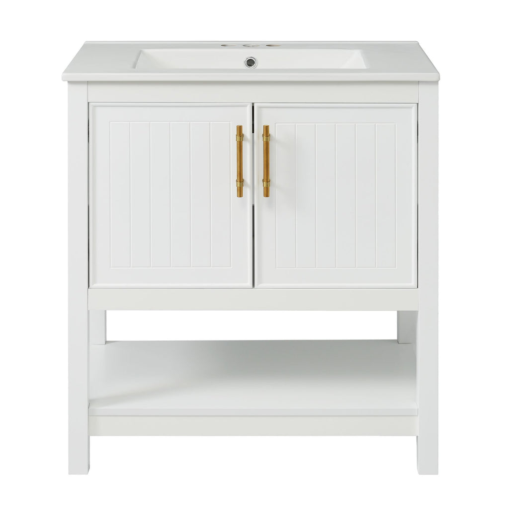 30- White Bathroom Vanity with Gold Decor and Soft Close Doors