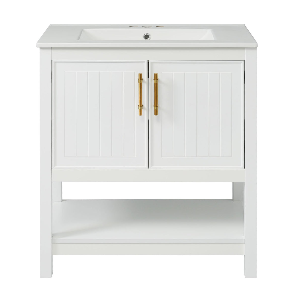 30- White Bathroom Vanity with Gold Decor and Soft Close Doors