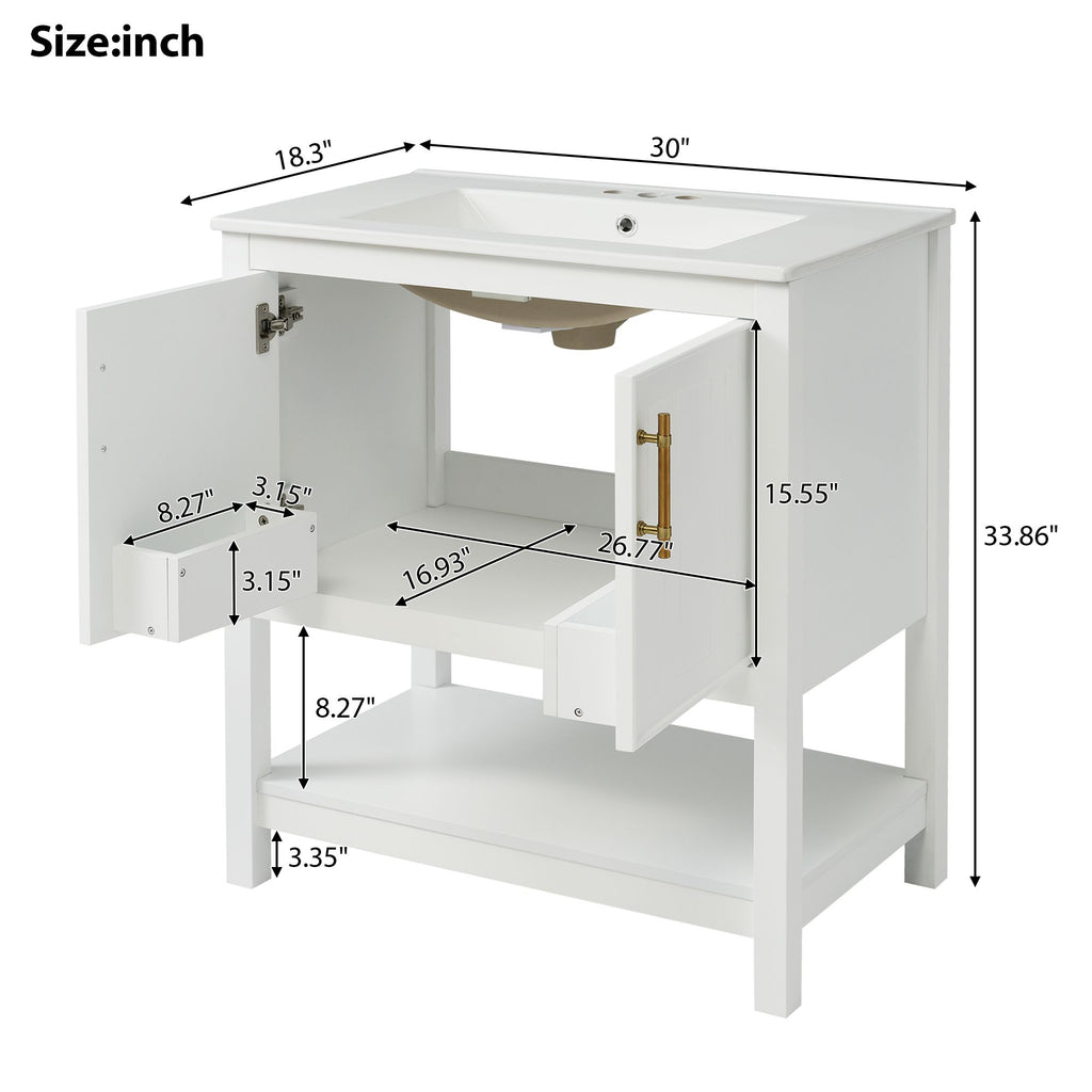 30- White Bathroom Vanity with Gold Decor and Soft Close Doors