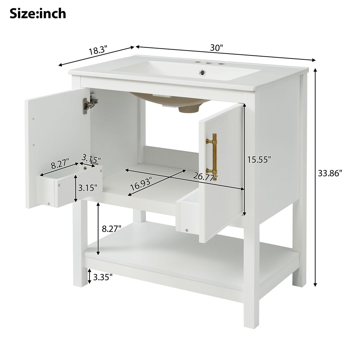 30- White Bathroom Vanity with Gold Decor and Soft Close Doors