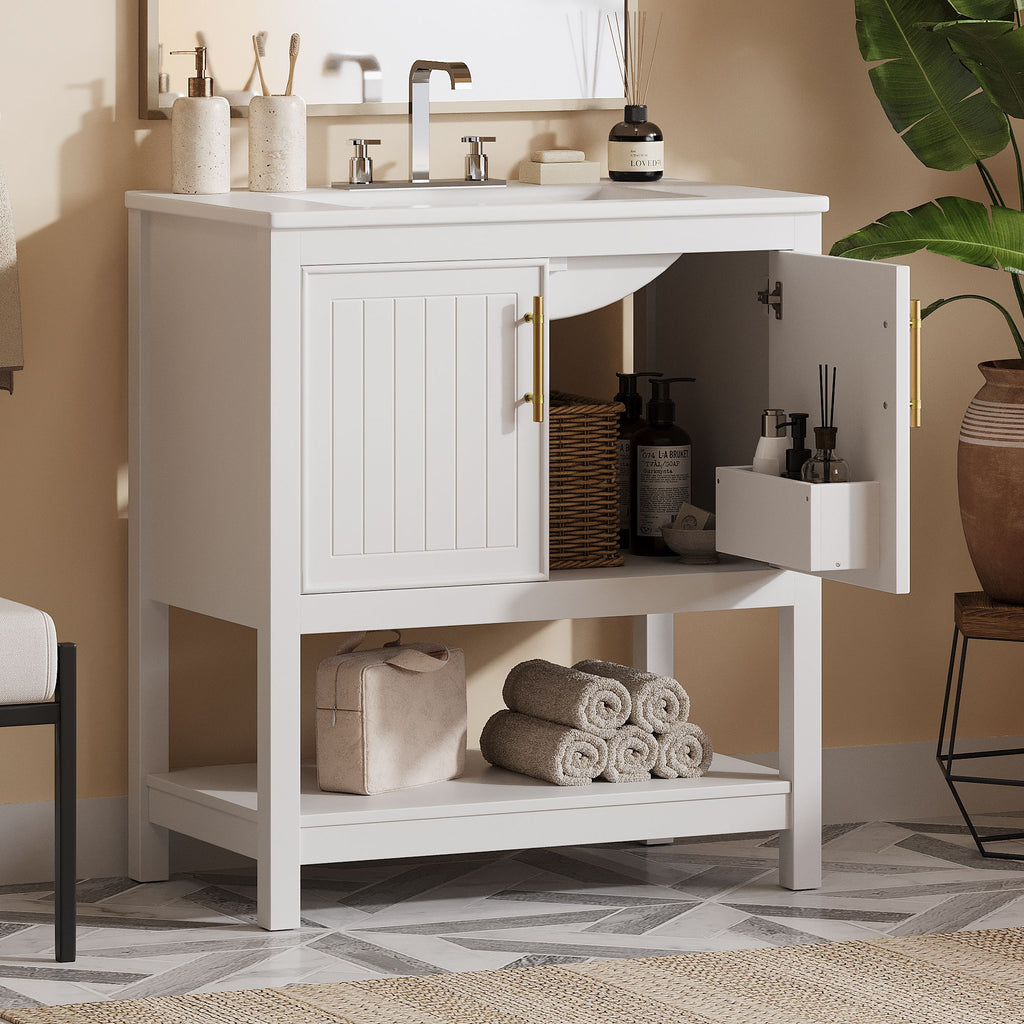 30- White Bathroom Vanity with Gold Decor and Soft Close Doors