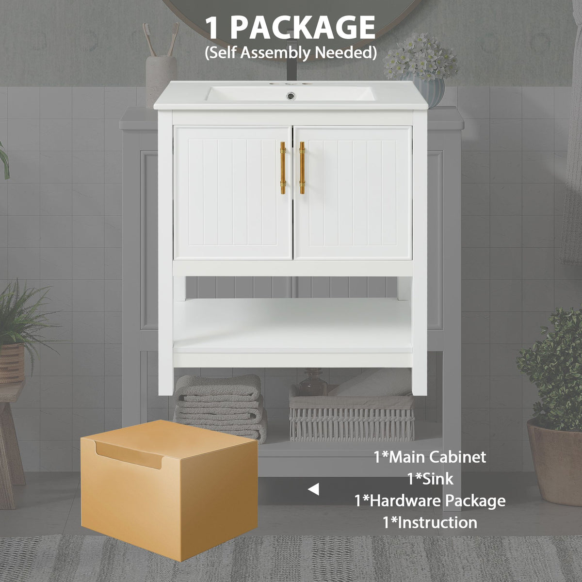 30- White Bathroom Vanity with Gold Decor and Soft Close Doors
