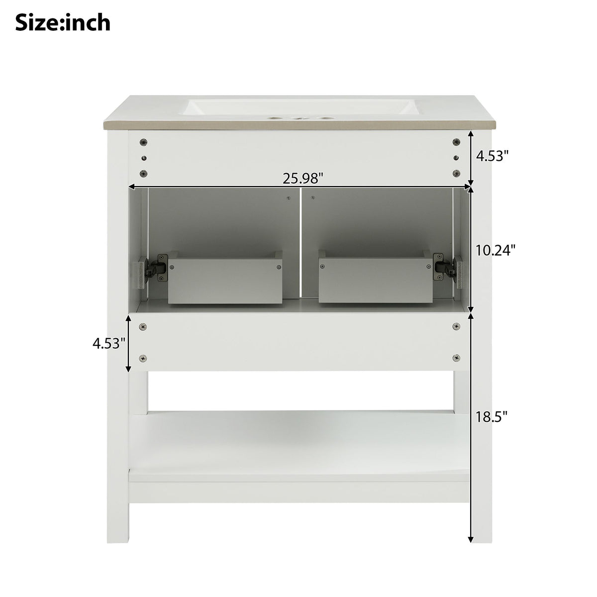 30- White Bathroom Vanity with Gold Decor and Soft Close Doors
