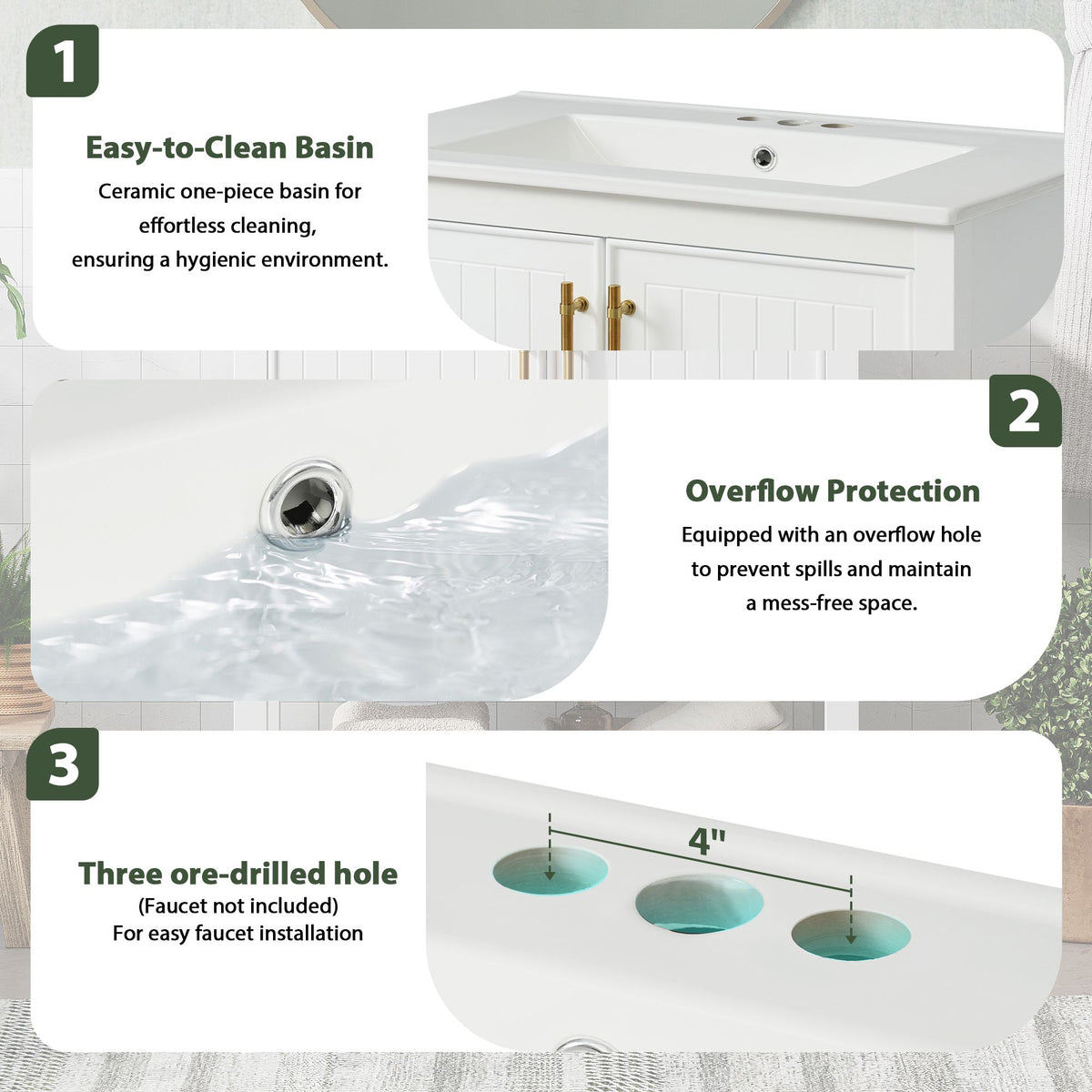 30- White Bathroom Vanity with Gold Decor and Soft Close Doors